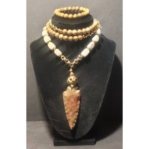 Vintage Genuine Flint Arrowhead Jasper & Marcasite Beads Necklace & Bracelet